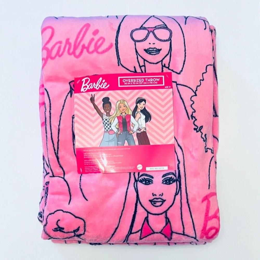 🩷🎀BARBIE Oversized Pink Barbie Print Logo Plush Blanket Throw / 50” x 70”